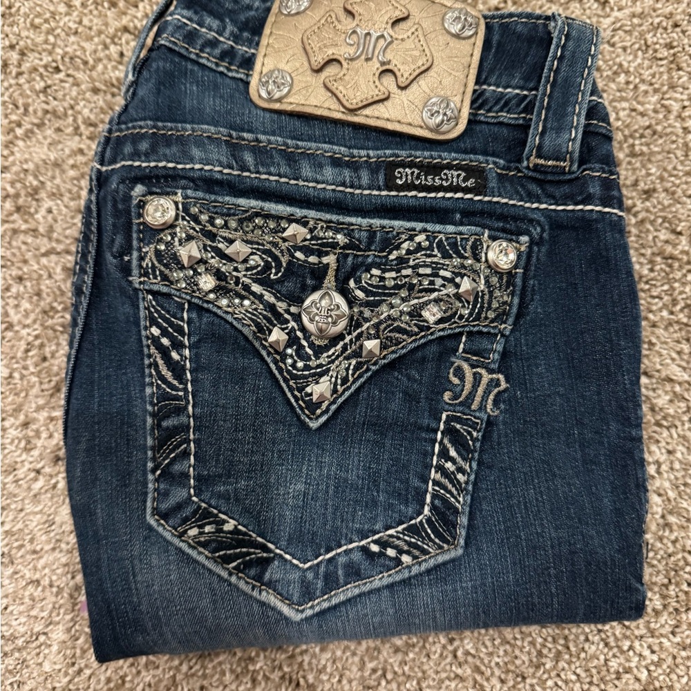 Miss Me Blue Skinny Jeans with Ornate Rhinestone Design